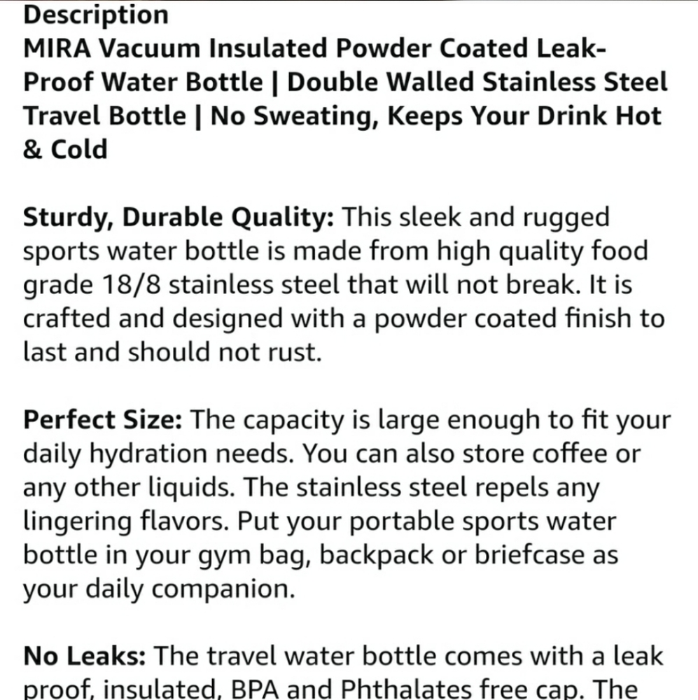 ❤️ bottle Insulated 22 / 650 NWT MIRA - Picture 4 of 7